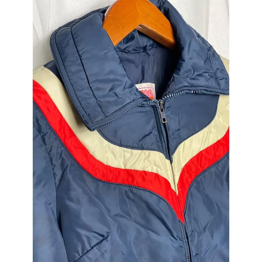 Vintage Ski Jacket Womens S/M SKYR 70s Retro Puffer Navy Blue Red White Stripe - Picture 2 of 12